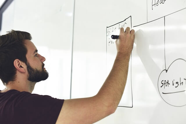 Man in front of writting board